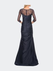 Mermaid Satin Pleated Gown with Illusion Beaded Sleeves