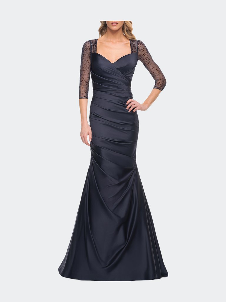 Mermaid Satin Pleated Gown with Illusion Beaded Sleeves - Navy
