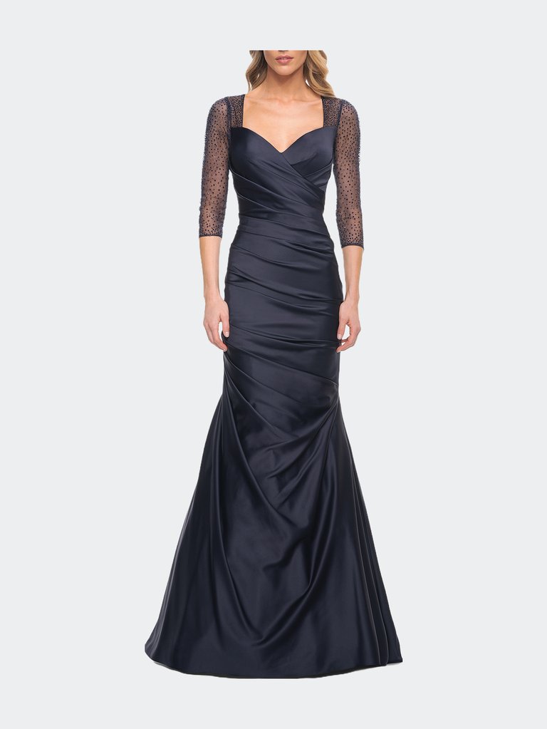 Mermaid Satin Pleated Gown with Illusion Beaded Sleeves
