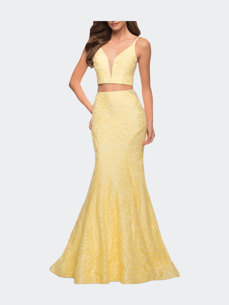 Mermaid Two Piece Gown with Deep V and Rhinestones - Pale Yellow