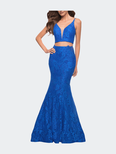 La Femme Mermaid Two Piece Gown with Deep V and Rhinestones product