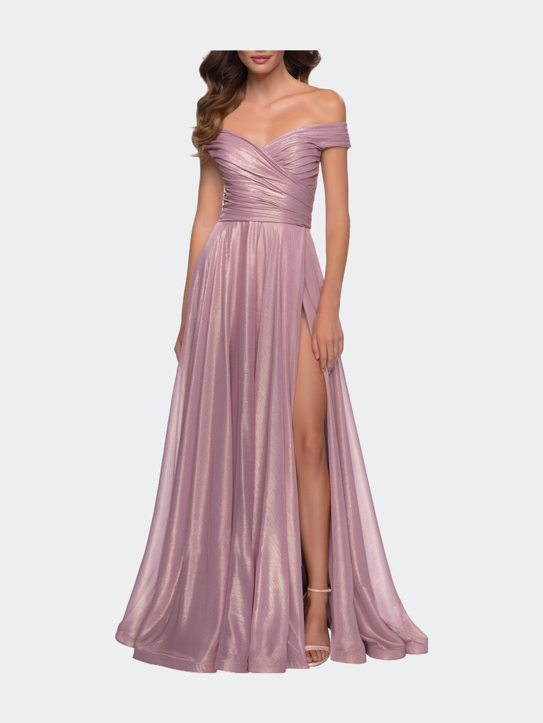 Metallic Chiffon Gown with Off the Shoulder Top - Pink Metallic