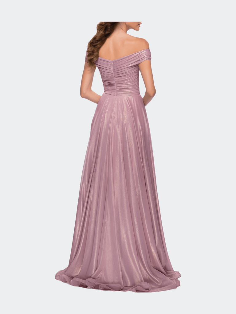 Metallic Chiffon Gown with Off the Shoulder Top