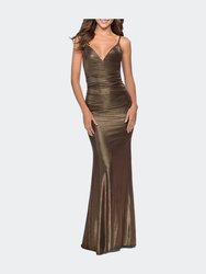 Metallic Dress with Draped Neckline and Ruching - Black/Gold