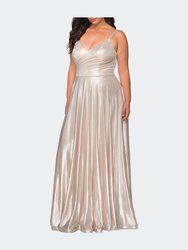 Metallic Grecian Long Plus Size Dress - Silver