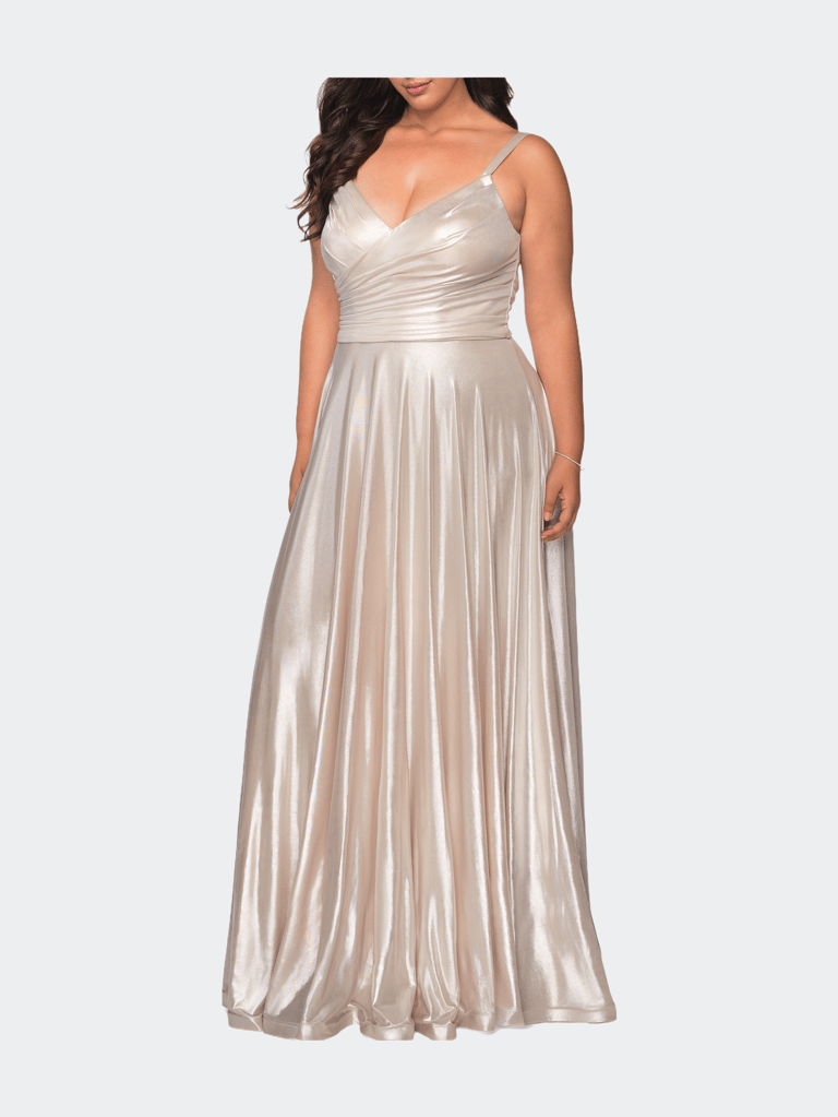 Metallic Grecian Long Plus Size Dress - Silver