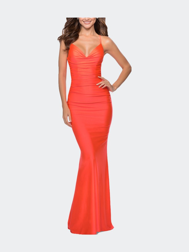 Neon Dress With Ruching And Strappy Back - Neon Coral