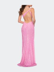 Neon Pink One Shoulder Sequin Dress with Open Back