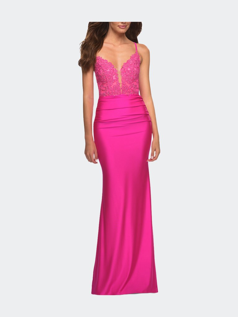 Neon Prom Dress With Beautiful Lace Bodice And Jersey Skirt - Neon Pink