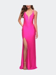 Neon Prom Gown with Rhinestone Fabric and Deep V