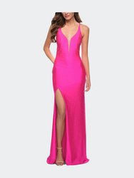 Neon Prom Gown with Rhinestone Fabric and Deep V