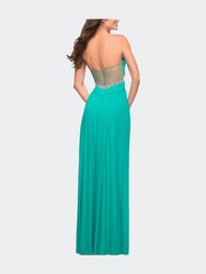 Net Jersey Dress With Gathered Bodice And V Neckline