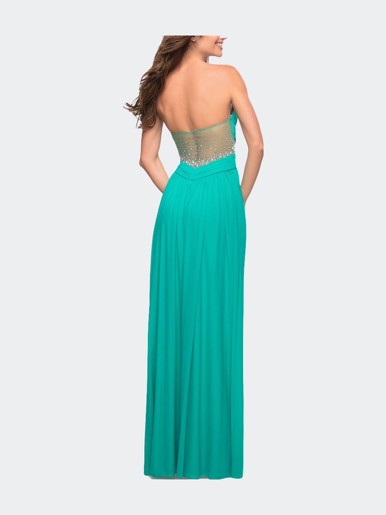 Net Jersey Dress With Gathered Bodice And V Neckline