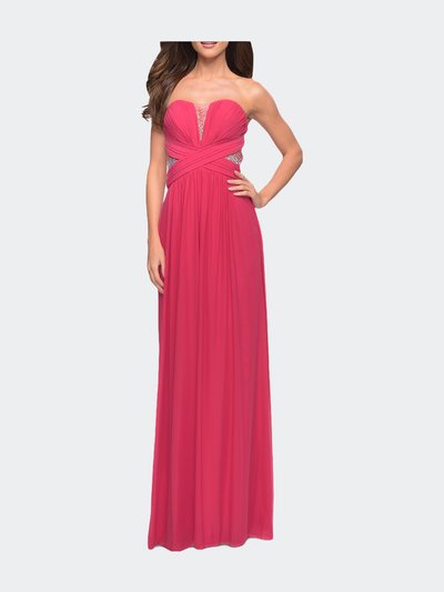 La Femme Net Jersey Dress With Gathered Bodice And V Neckline product