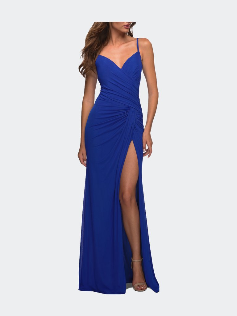 Net Jersey Long Ruched Gown With Slit And Open Back