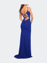 Net Jersey Long Ruched Gown With Slit And Open Back