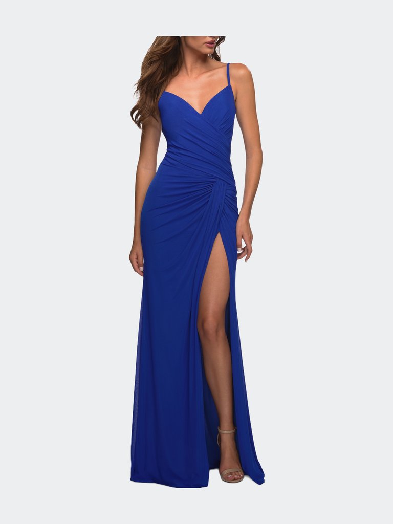 Net Jersey Long Ruched Gown With Slit And Open Back