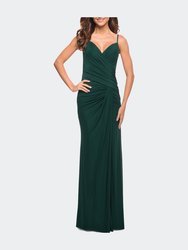 Net Jersey Long Ruched Gown With Slit And Open Back - Emerald
