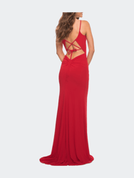 Net Jersey Long Ruched Gown With Slit And Open Back