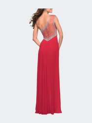 Net Jersey Prom Dress with Criss Cross Ruched Bodice