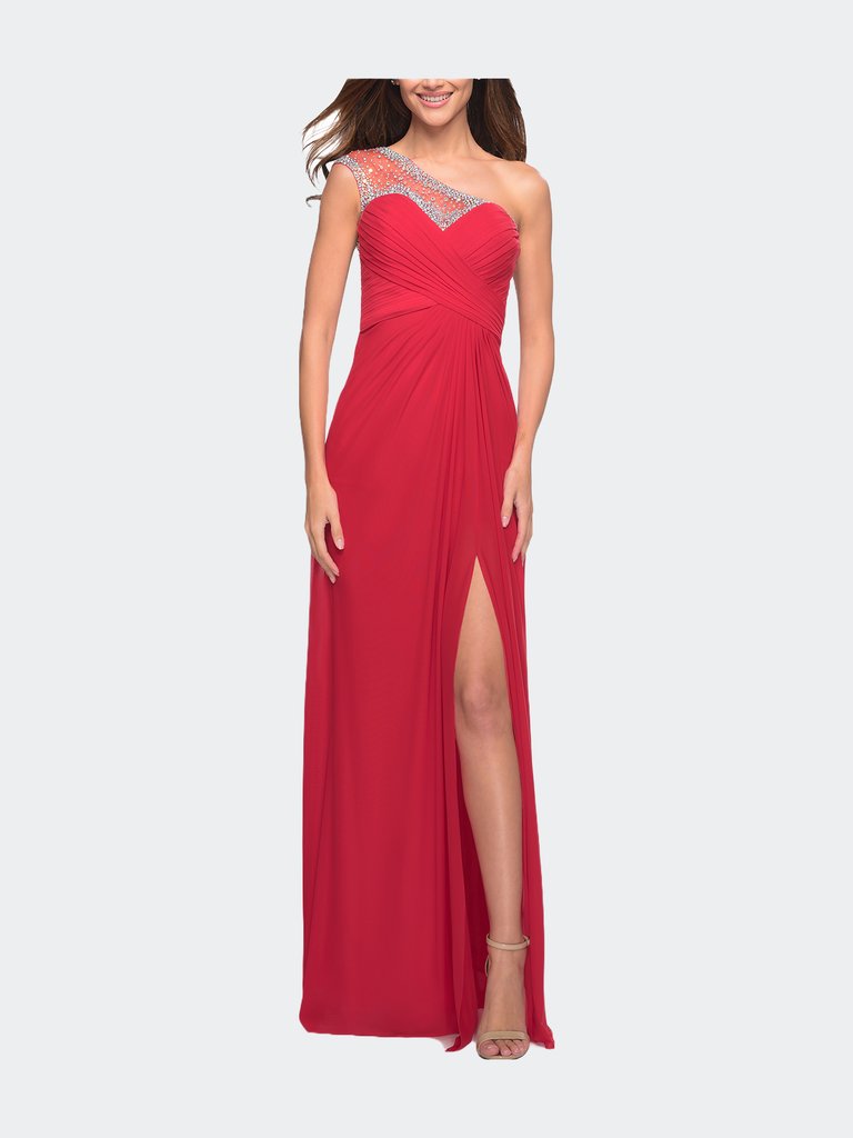 Net Jersey Prom Dress with Criss Cross Ruched Bodice - Red