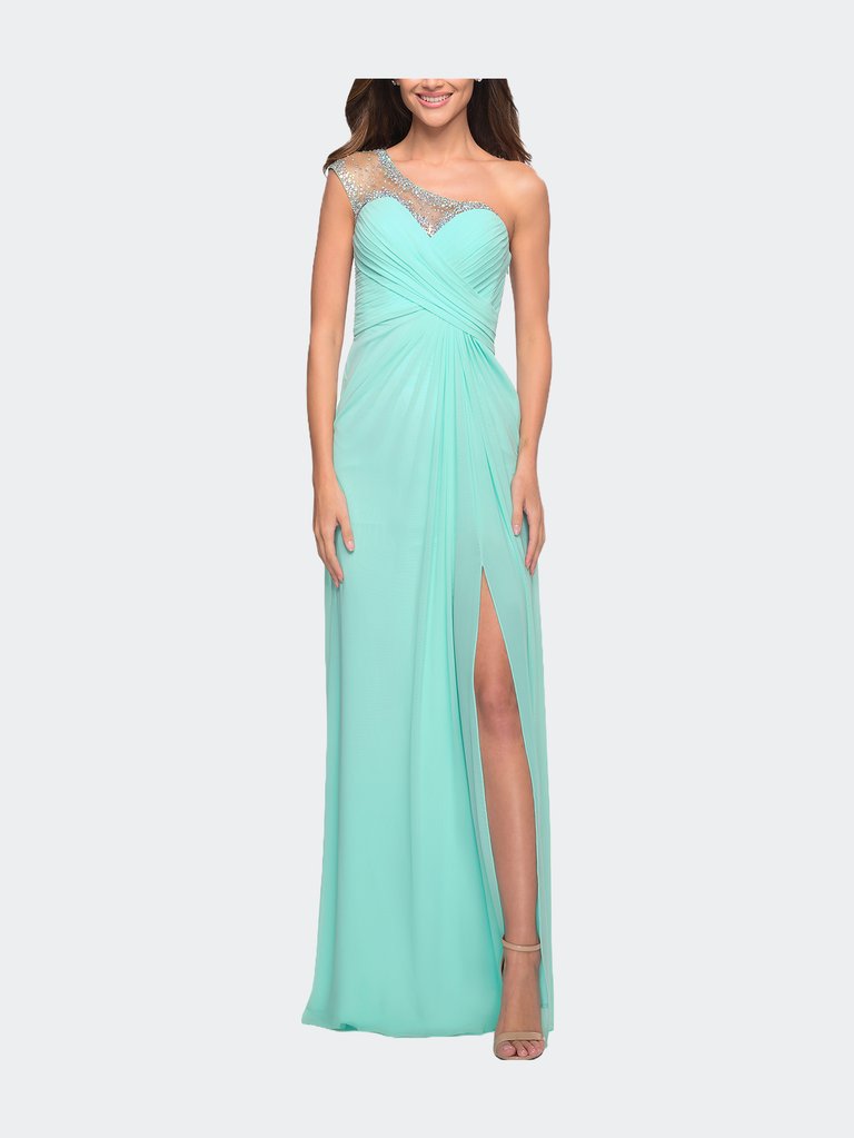 Net Jersey Prom Dress with Criss Cross Ruched Bodice - Light Mint