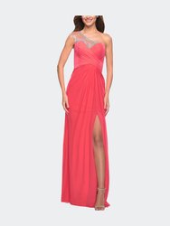 Net Jersey Prom Dress with Criss Cross Ruched Bodice