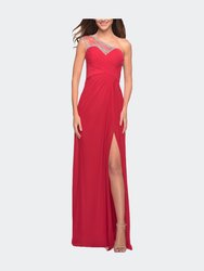 Net Jersey Prom Dress with Criss Cross Ruched Bodice - Red
