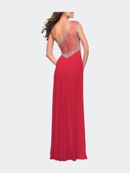 Net Jersey Prom Dress with Criss Cross Ruched Bodice
