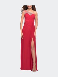 Net Jersey Prom Dress with Criss Cross Ruched Bodice - Red