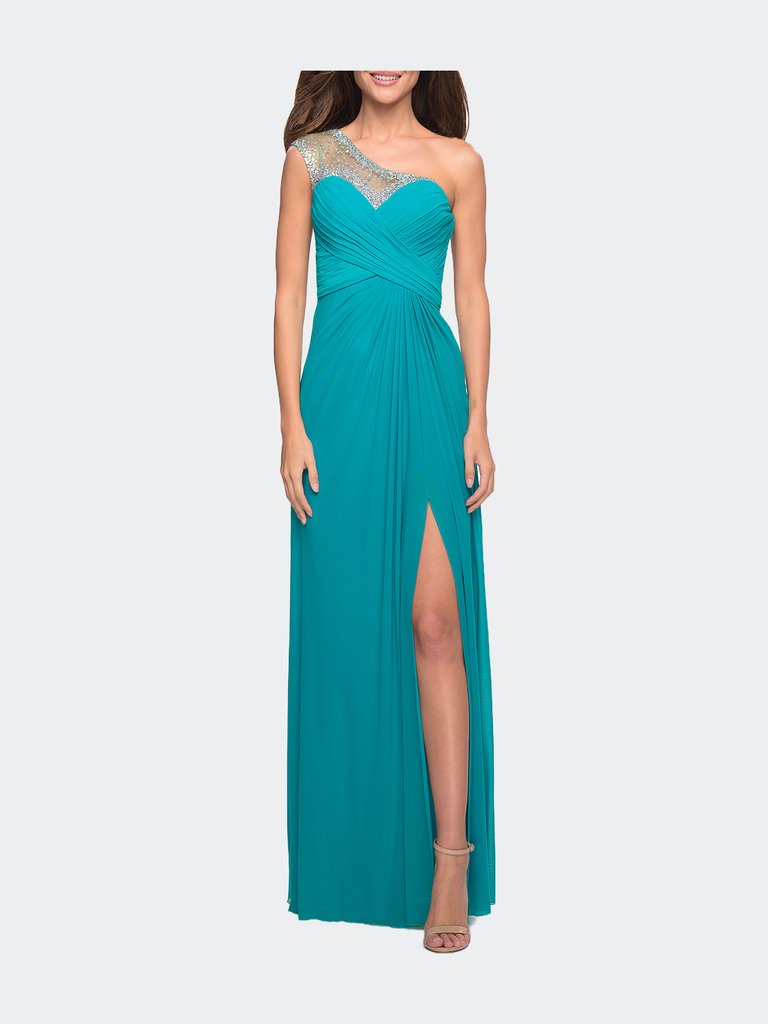 Net Jersey Prom Dress with Criss Cross Ruched Bodice - Peacock