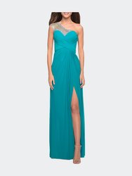 Net Jersey Prom Dress with Criss Cross Ruched Bodice - Peacock