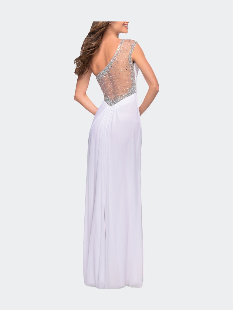 Net Jersey Prom Dress with Criss Cross Ruched Bodice