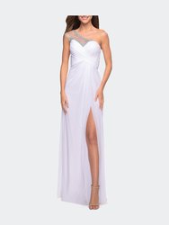 Net Jersey Prom Dress with Criss Cross Ruched Bodice - White