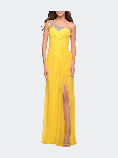 La Femme Net Jersey Prom Dress with Criss Cross Ruched Bodice product
