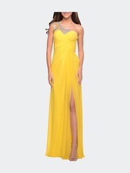 Net Jersey Prom Dress with Criss Cross Ruched Bodice - Yellow