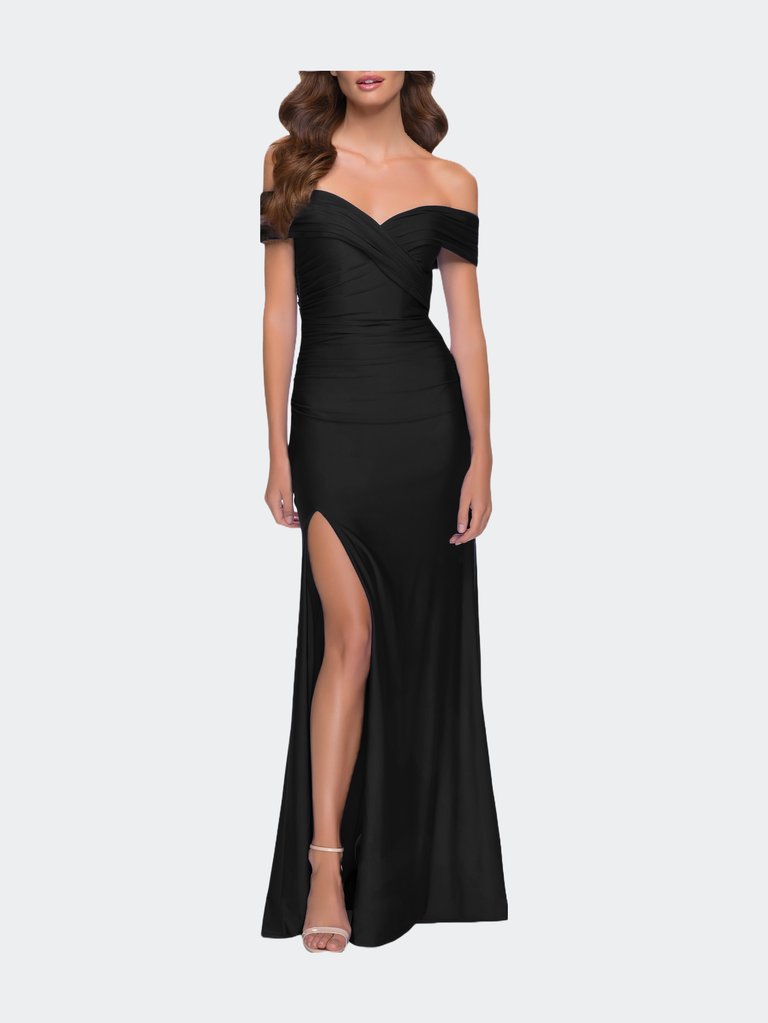 Off the Shoulder Chic Jersey Gown with Ruching - Black