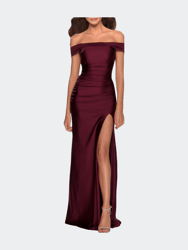 Off the Shoulder Dress with Tie Back and Slit - Dark Berry
