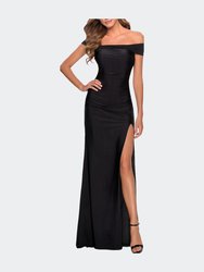 Off the Shoulder Dress with Tie Back and Slit - Black