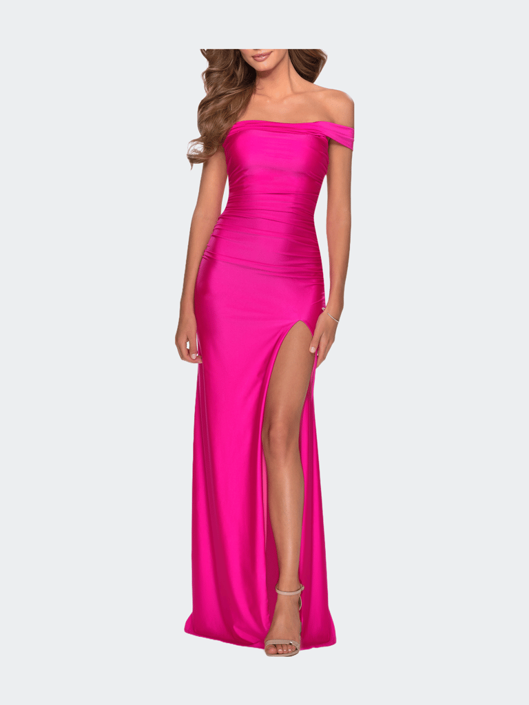 Off the Shoulder Dress with Tie Back and Slit - Hot Pink