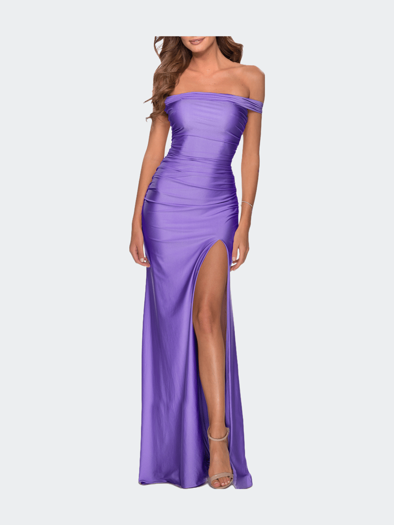 Off the Shoulder Dress with Tie Back and Slit - Periwinkle