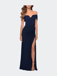 Off the Shoulder Fully Ruched Floor Length Gown - Navy