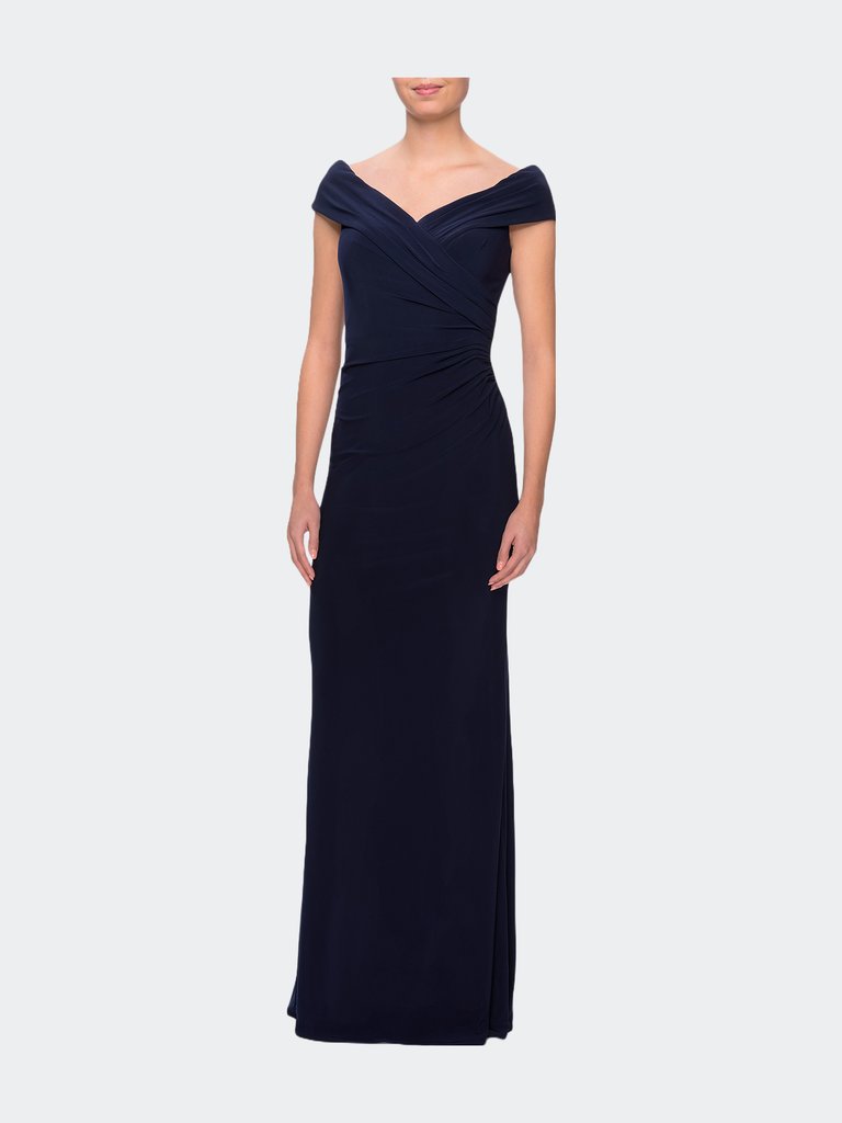 Off The Shoulder Jersey Dress with Ruching - Navy