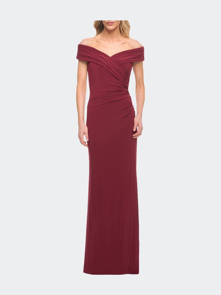 Off The Shoulder Jersey Dress with Ruching - Wine