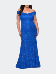 Off the Shoulder Lace Plus Dress with Defined Waist - Royal Blue