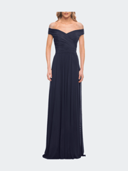 Off the Shoulder Net Jersey Long Dress with Ruching - Navy