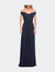 Off the Shoulder Net Jersey Long Dress with Ruching - Navy
