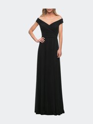 Off the Shoulder Net Jersey Long Dress with Ruching - Black