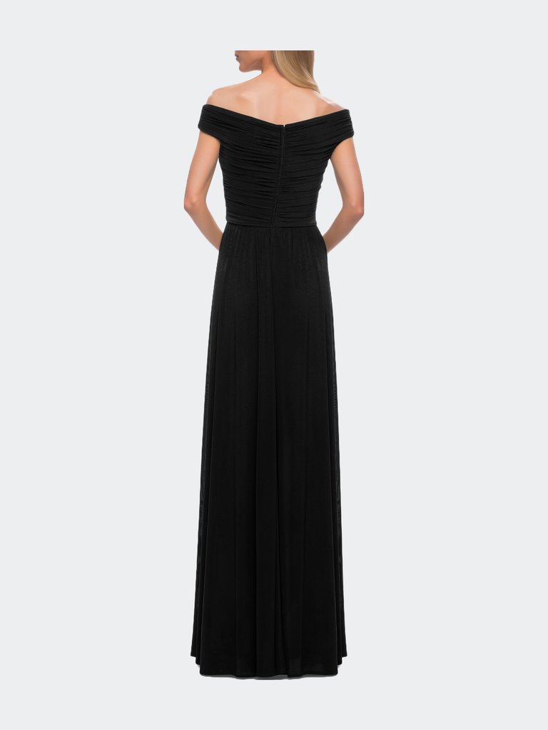 Off the Shoulder Net Jersey Long Dress with Ruching