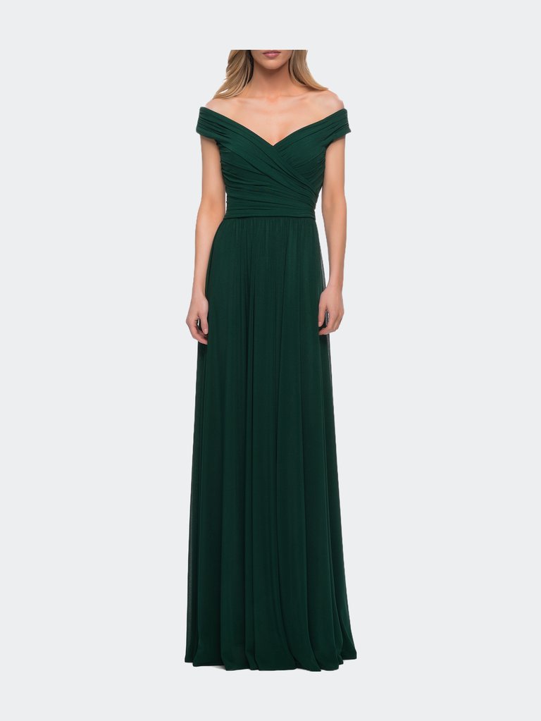 Off the Shoulder Net Jersey Long Dress with Ruching - Emerald